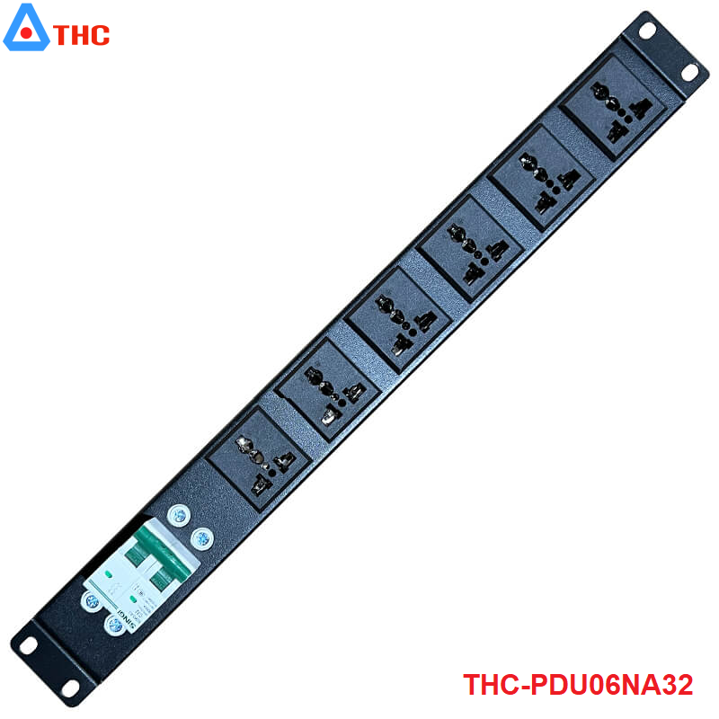 Thanh nguồn PDU 6 ổ cắm 3 chấu đa năng công suất 20A, MCB 2P 32A lắp rack THC-PDU06NA32